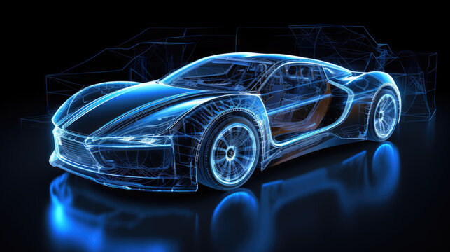 Futuristic electric car wireframe concept, future automotive transportation design 