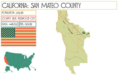 Large and detailed map of San Mateo County in California, USA.