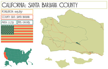 Large and detailed map of Santa Barbara County in California, USA.