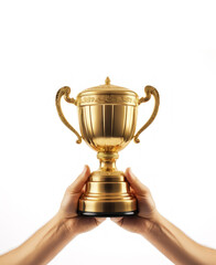 two hand holding trophy isolated in white background