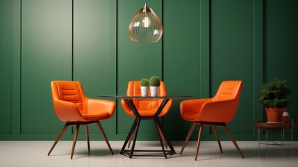 Photo of a vibrant dining room with a stylish table and orange chairs