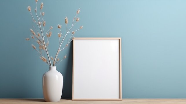 Photo of a table with a picture frame and a vase
