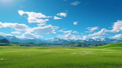 Photo of a serene green field with majestic mountains in the backdrop