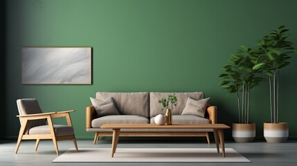 Photo of a modern living room with vibrant green walls and stylish furniture