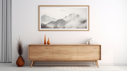 Photo of a framed picture hanging above a dresser in a stylish room