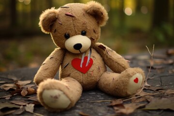 a teddy bear mended with patches and threads