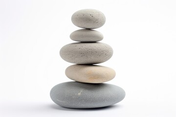 Fototapeta na wymiar Pebble Stacking Zen: Smooth Stones Balancing on White Background. Perfect for Spa and Beach