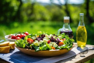 an untouched salad on a sunny picnic table
