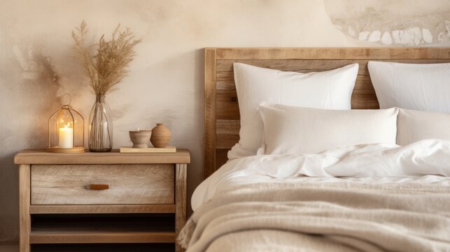 Photo of a cozy bedroom with white linens and a wooden nightstand