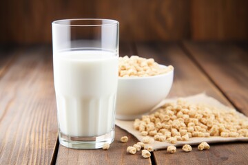 an undrunk glass of milk next to cereal