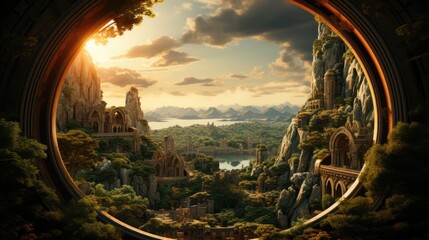 A photography capture of a fantasy landscape with a portal archway, AI Generative - obrazy, fototapety, plakaty