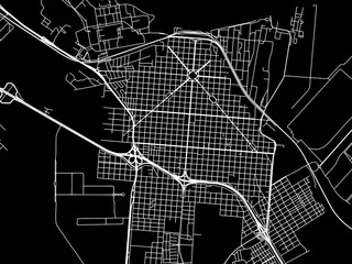 Vector road map of the city of  Campana in Argentina with white roads on a black background.