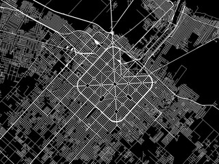 Vector road map of the city of  La Plata in Argentina with white roads on a black background.