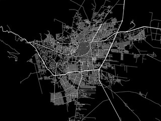 Vector road map of the city of  La Rioja in Argentina with white roads on a black background. - obrazy, fototapety, plakaty