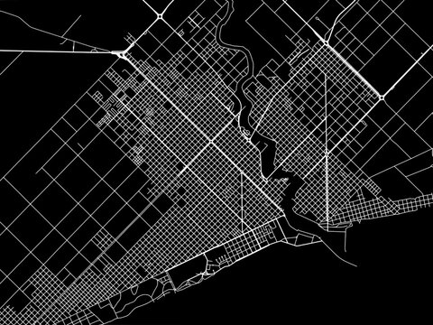 Vector road map of the city of  Necochea in Argentina with white roads on a black background.