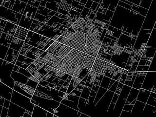 Vector road map of the city of  San Rafael in Argentina with white roads on a black background.