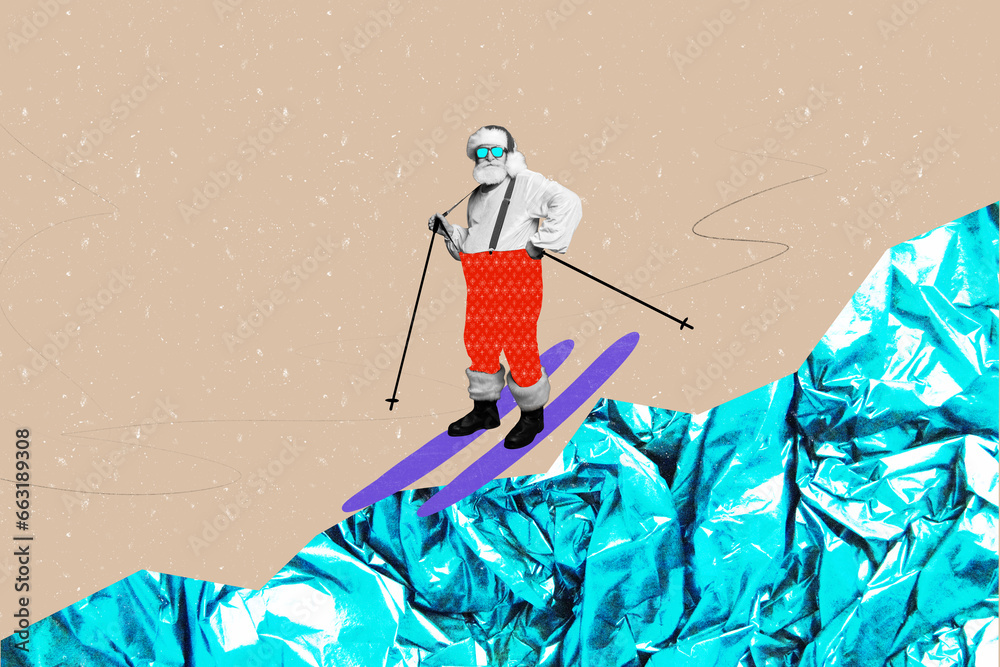 Sticker collage portrait of funky black white effect santa skiing down hill frozen snowy mountains isolated 