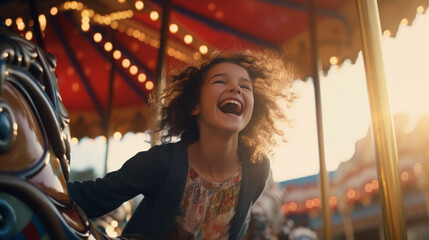 Obraz premium A happy young girl expressing excitement while on a colorful carousel, merry-go-round, having fun at an amusement park