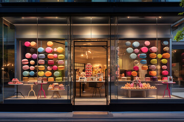 Step into the streetscape of a contemporary patisserie, where a shiny glass showcase reveals rows of vibrant macarons