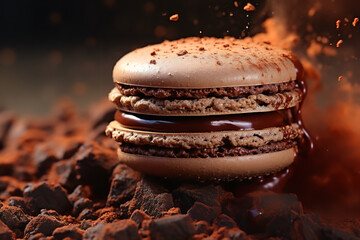 Dive deep into the essence of a chocolate macaron, unveiling a molten core through its cracked...