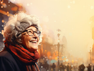Happy senior woman in winter clothes at Christmas city street background. Winter and New Year concept. Older people leading an active and fulfilling life. Illustration. Copy space