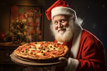 Santa Claus with pizza at Christmas. Generative AI