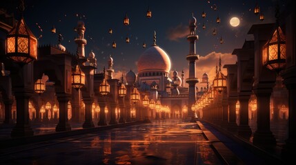 Fototapeta na wymiar a picture of a mosque adorned with lanterns, AI Generative
