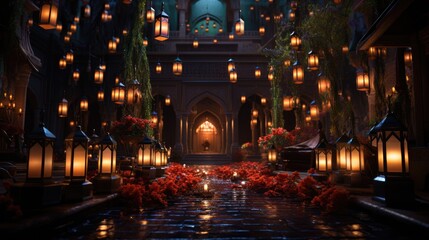 a picture of a mosque adorned with lanterns, AI Generative