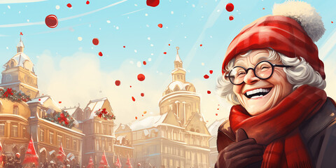 Happy senior woman in winter clothes and hat at Christmas city street background. Winter and New Year concept. Older people leading an active and fulfilling life. Illustration. Copy space for text