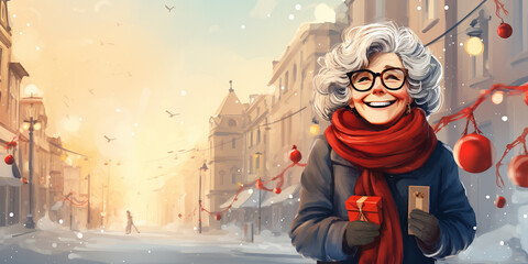 Senior woman in winter clothes and glasses at Christmas city street background. Winter and New Year holidays. Older people leading an active and fulfilling life. Illustration. Copy space for text