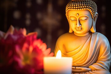 close up of a meditating buddha statue with soft candlelight in background