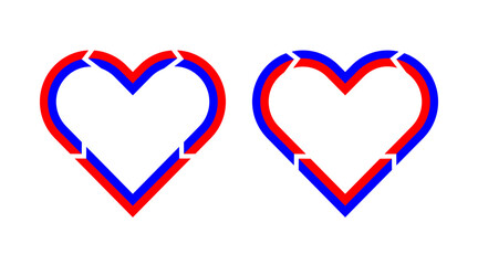 Red and blue arrow heart icons set. Valentines day logos illustration vector isolated on white background.