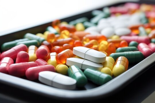 handful of colorful probiotic pills on a clinical tray