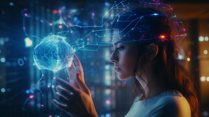 A woman using a neural interface device for computing, highlighting advancements in biotechnology and the onset of the singularity, future of brain-computer interaction