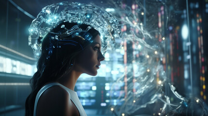 Obraz premium A woman using a neural interface device for computing, highlighting advancements in biotechnology and the onset of the singularity, future of brain-computer interaction