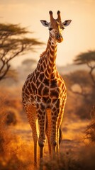 Obraz premium A majestic giraffe standing tall against the backdrop of the African savannah, AI Generative
