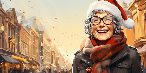 Happy senior woman in winter clothes and santa hat at Christmas city street background. Winter and New Year concept. Older people leading an active and fulfilling life. Illustration. Copy space