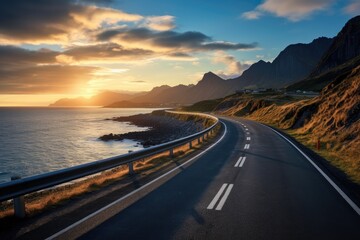 View of road by the sea with mountain in sunrise time in background.