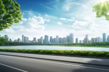 View of road highway with lake garden and modern city skyline in background. - obrazy, fototapety, plakaty