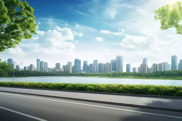 Poster View of road highway with lake garden and modern city skyline in background. © Oulaphone