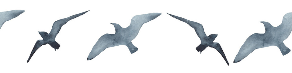 Watercolor seamless border with seagulls. Hand drawn illustration on white background