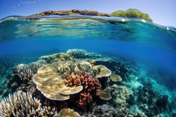 Naklejka na ściany i meble vibrant corals benefiting from sunlight under clear, blue ocean