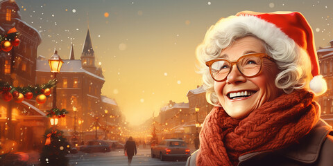 Happy senior woman in winter clothes and santa hat at Christmas city street background. Winter New Year concept. Older people leading an active and fulfilling life. Illustration. Copy space, banner