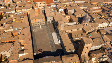Aerial view on Piazza Prampolini in the historic center of Reggio Emilia, Italy. On the side of the square there is the Cathedral of Santa Maria Assunta.