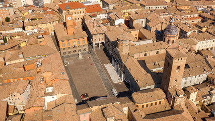 Aerial view on Piazza Prampolini in the historic center of Reggio Emilia, Italy. On the side of the...