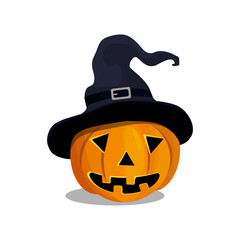 Cartoon Halloween pumpkin wearing witch hat isolated. Vector illustration.