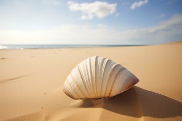 a closed clam shell on a sandy beach - obrazy, fototapety, plakaty