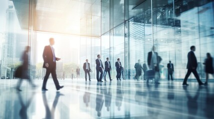 blurred business people walking in white glass office background