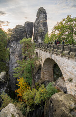 Fototapeta na wymiar The Bastei Bridge at Saxon Switzerland National Park, or Nationalpark Sächsische Schweiz