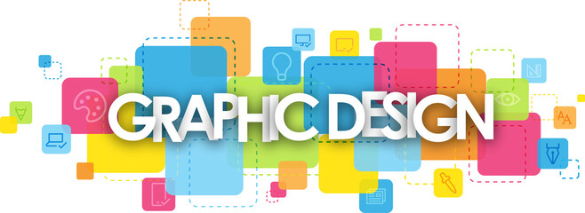 GRAPHIC DESIGN typography banner with colorful squares on transparent background